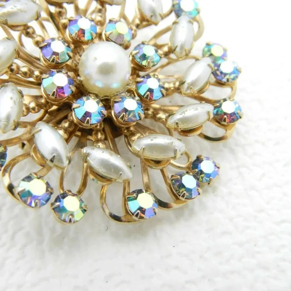 Gold Tone Faux Pearl Blue AB Rhinestone Star Set